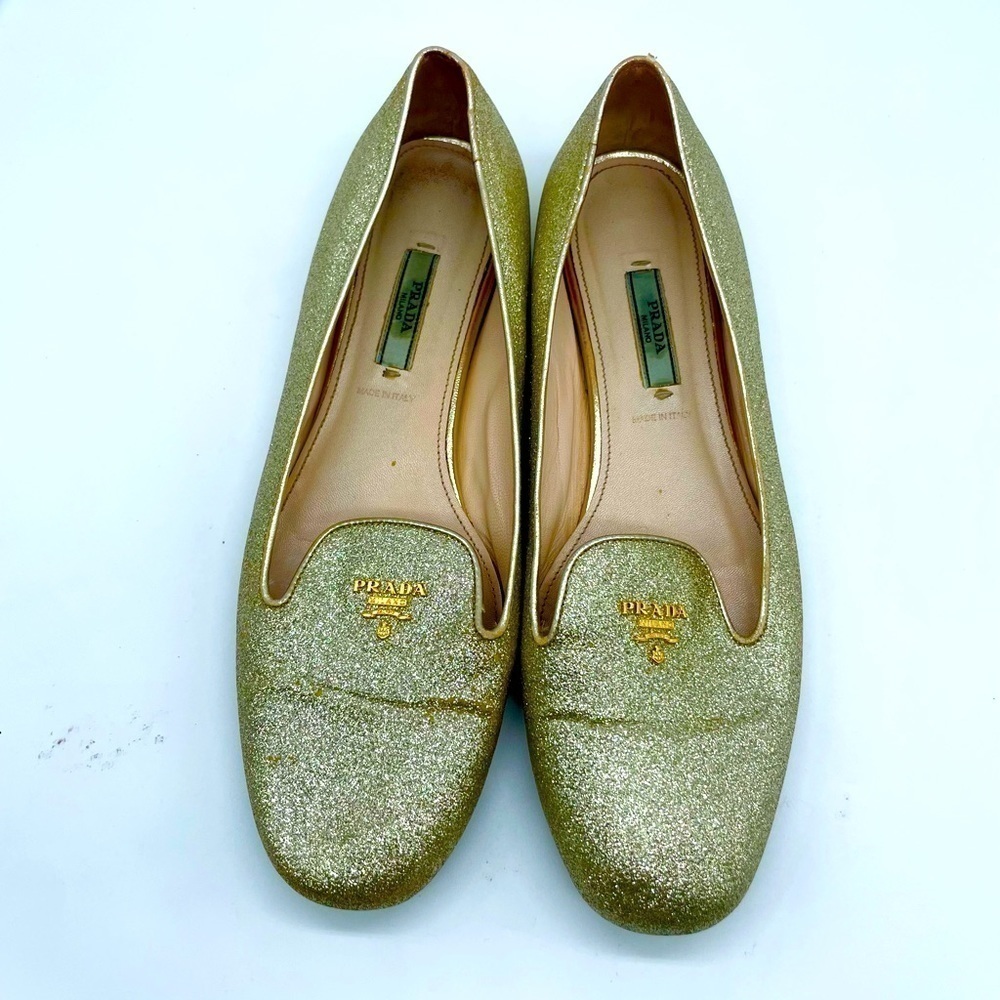Prada Gold Glitter logo embellished Leather loafer flats EU 39 - Picture 2 of 10